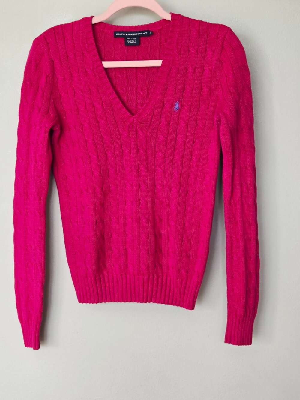 Ralph Lauren Sport Women Pink Cable Knit V-Neck Cotton Polo Pony Sweater Small